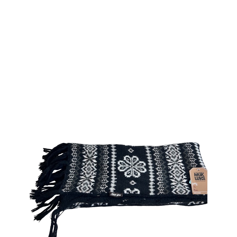 Muk Luks Scarf OSFM Black Fair Isle Reversible Fringed Knit Women